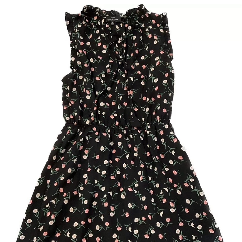 Lucky Brand Women's Size Black Floral Print Mini Dress Sleeveless Ruffle Neck...